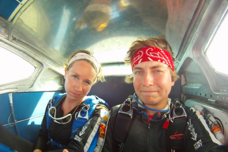 Jordan Lombard and friend in airplane headed to skydive