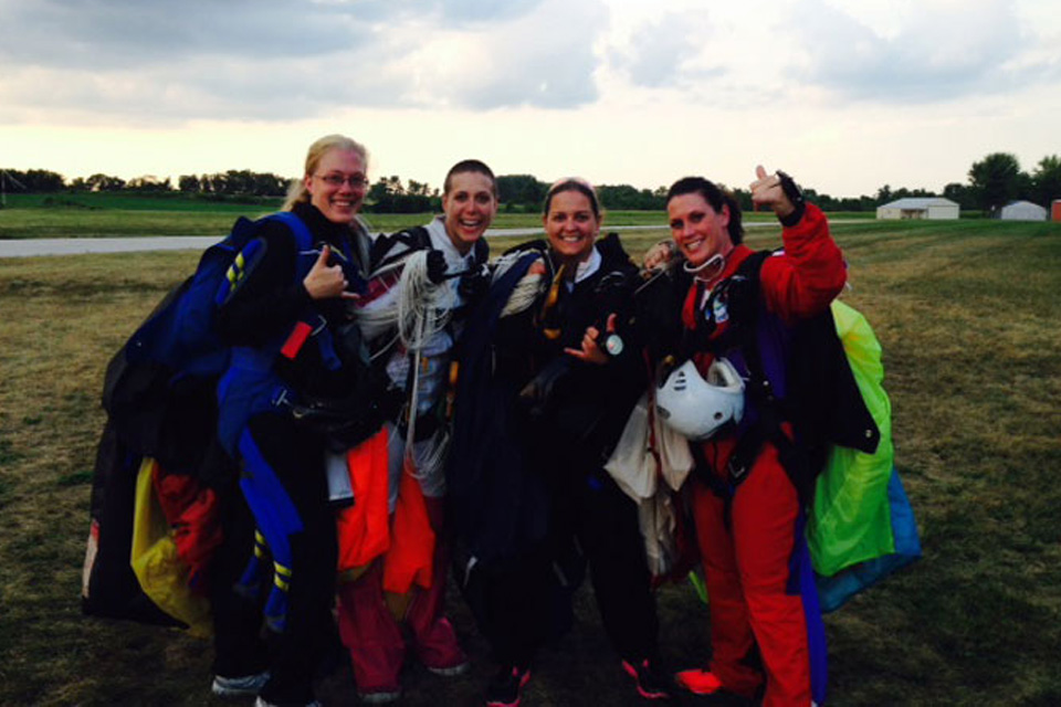 Melissa Jahnke and friends after landing from a skydive
