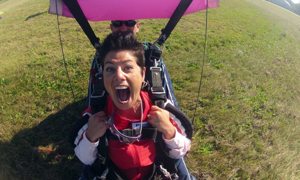 Adrenaline is pumping after a tandem skydive at Wisconsin Skydiving Center near Milwaukee, WI