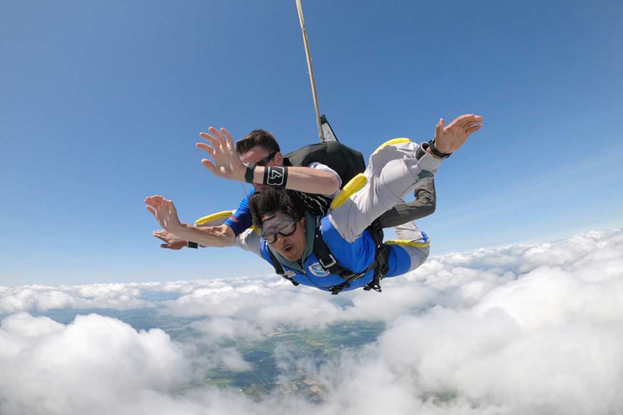 Two men on a tandem skydive in Wisconsin