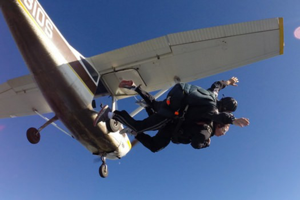 tandem skydiving pair exit the airplane