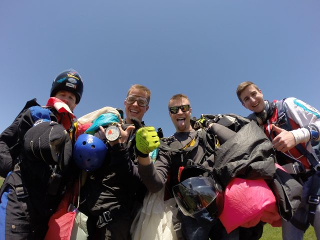 Skydiving instructors with their gear after a skydive at Wisconsin Skydiving Center near Madison, WI