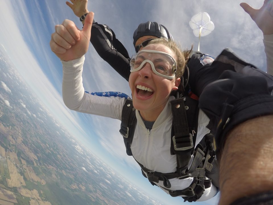 Girl smiling during freefall at Wisconsin Skydiving Center near Chicago
