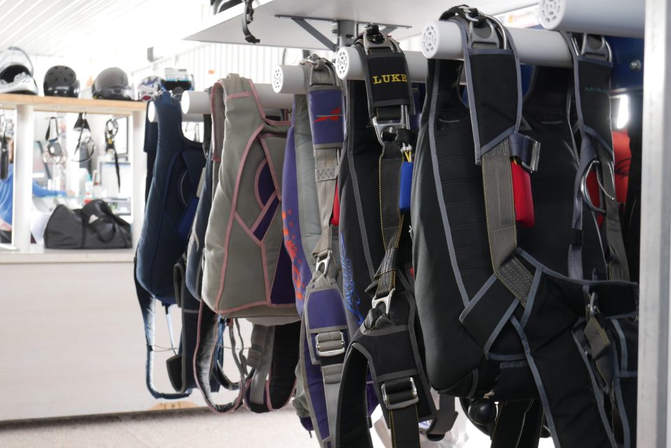 Skydiving equipment and gear at Wisconsin Skydiving Center near Milwaukee