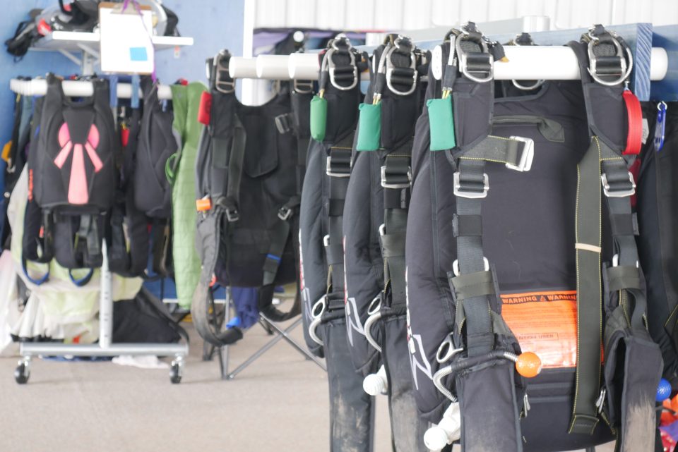 Skydiving gear at the dropzone of Wisconsin Skydiving Center near Milwaukee, WI