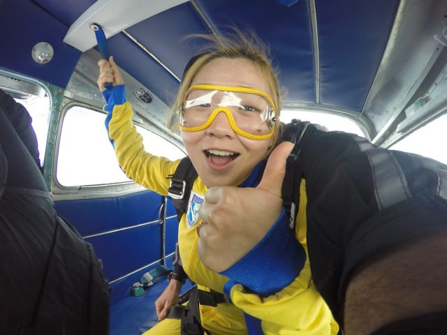 tandem student psychologically and mentally prepares to jump at Wisconsin Skydiving Center