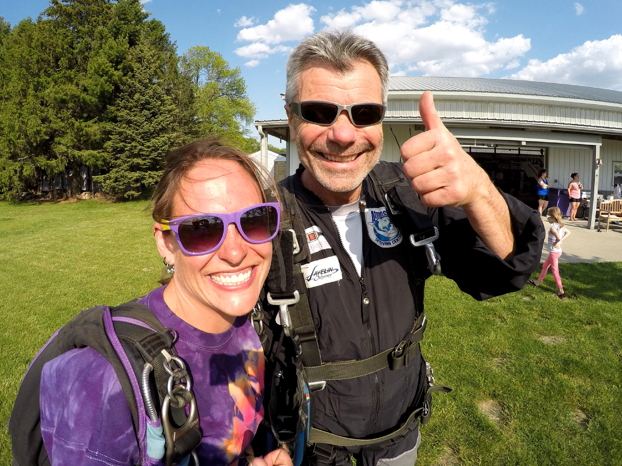 Bo gives a thumbs up before a safe skydive at Wisconsin Skydiving Center near Chicago