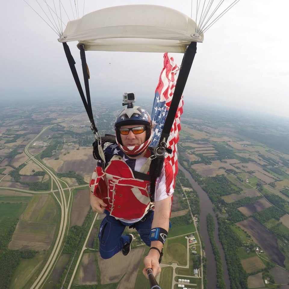 Skydiving Instructor Dan Schultz of Wisconsin Skydiving Center near Chicago takes a selfie