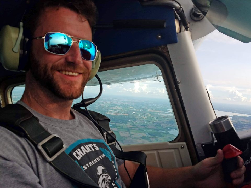 Skydiving pilot Ryan Daly flying over Wisconsin. 