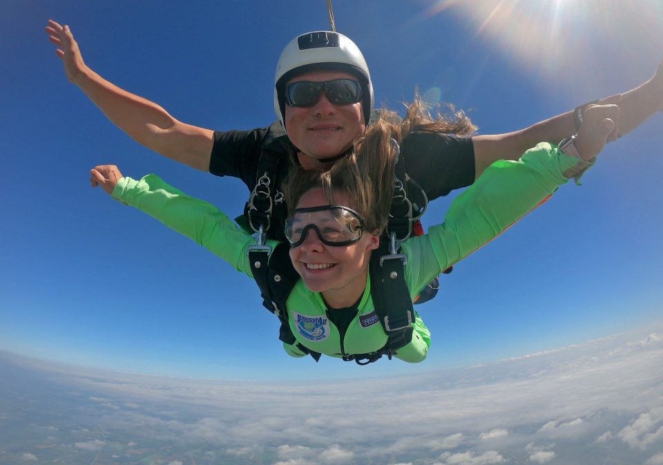 Relaxed tandem student during skydiving free fall.