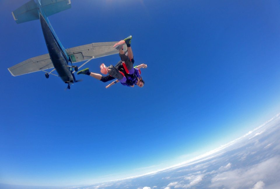 First Time Tandem Skydiver exiting a plane at Wisconsin Skydiving Center