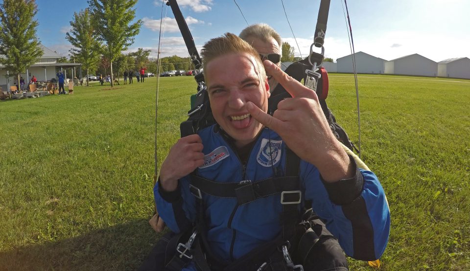 Tandem student on a birthday skydive