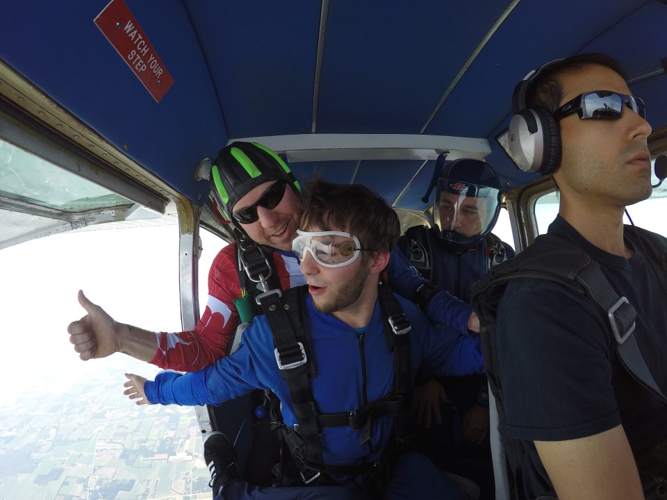 First time skydiver getting amped to jump out of a plane over Wisconsin at Wisconsin Skydiving Center near Milwaukee