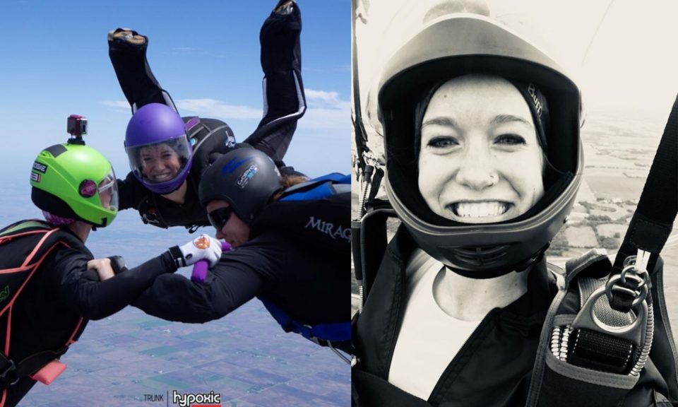 Kelsey Strock smiles while making a skydive