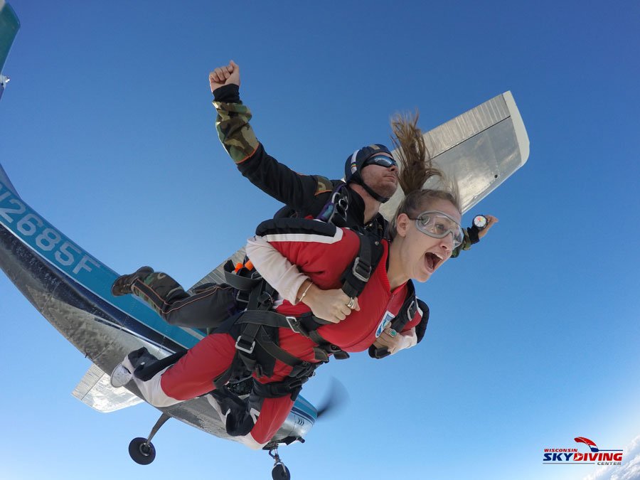 Tandem skydiver gaining speed just after coming out of the plane at Wisconsin Skydiving Center near Milwaukee