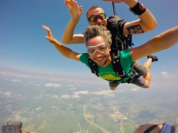 Tandem skydiver loving life and not drunk or high at Wisconsin Skydiving Center near Milwaukee