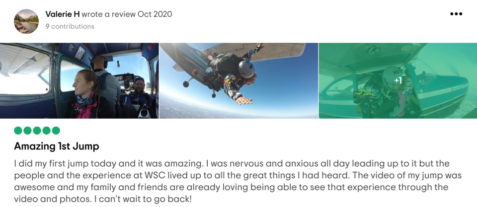 Five-star review for Wisconsin Skydiving Center from Valerie H on Tripadvisor