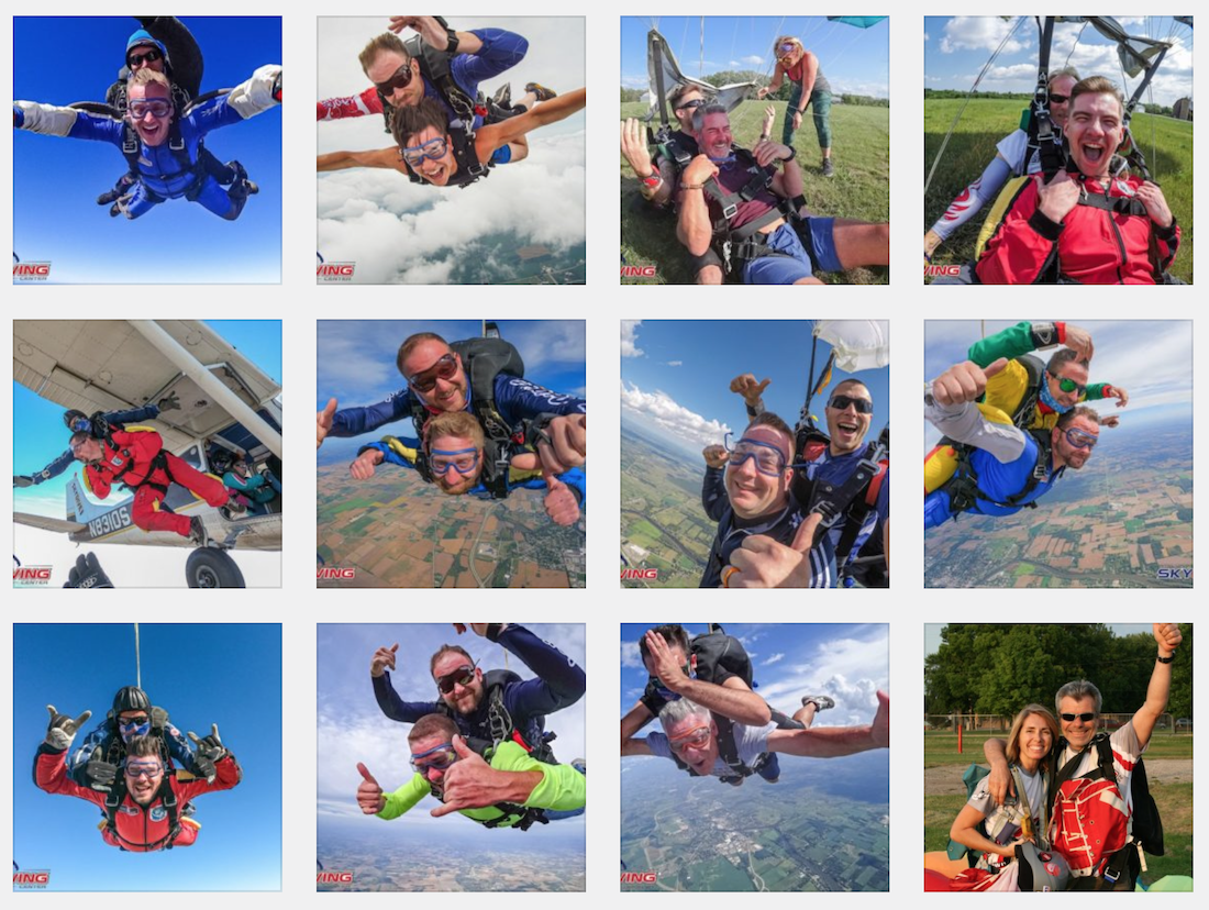 Collage of tandem skydivers and instructors at Wisconsin Skydiving Center near Chicago