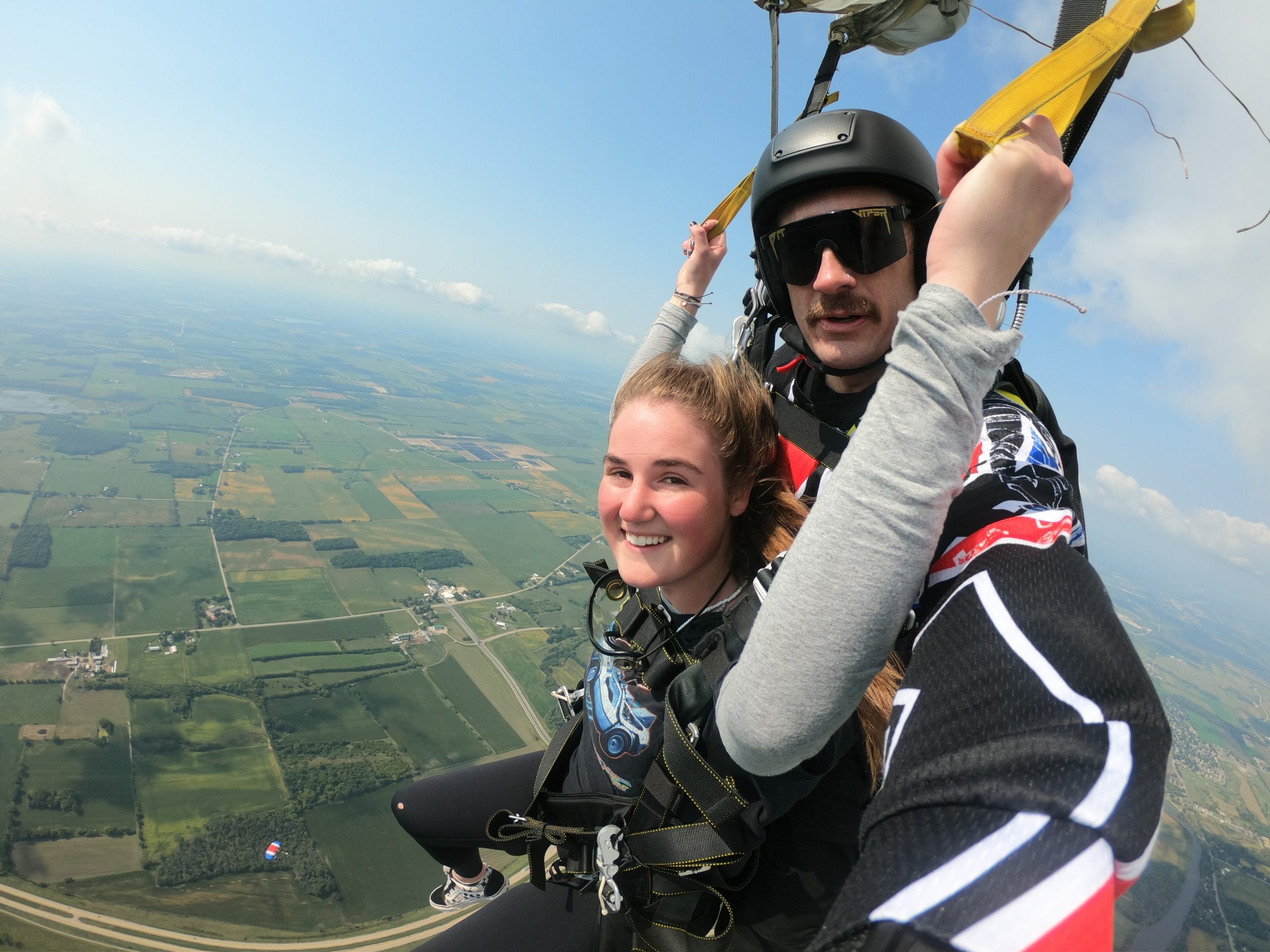 Instructor Andrew Leith doing a tandem skydive at Wisconsin Skydiving Center near Madison
