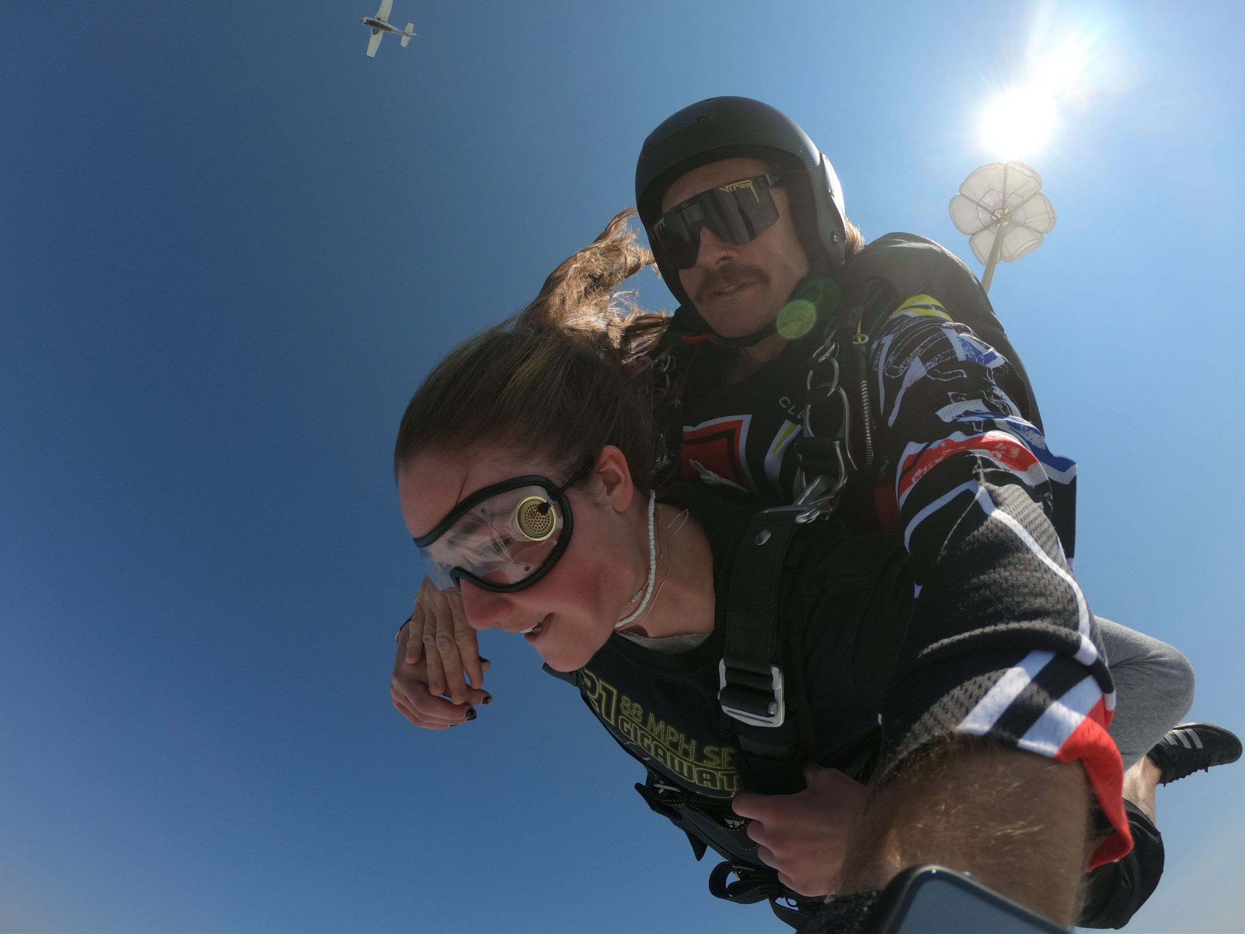 Instructor Andrew Leith in freefall during a tandem skydive at Wisconsin Skydiving Center near Madison