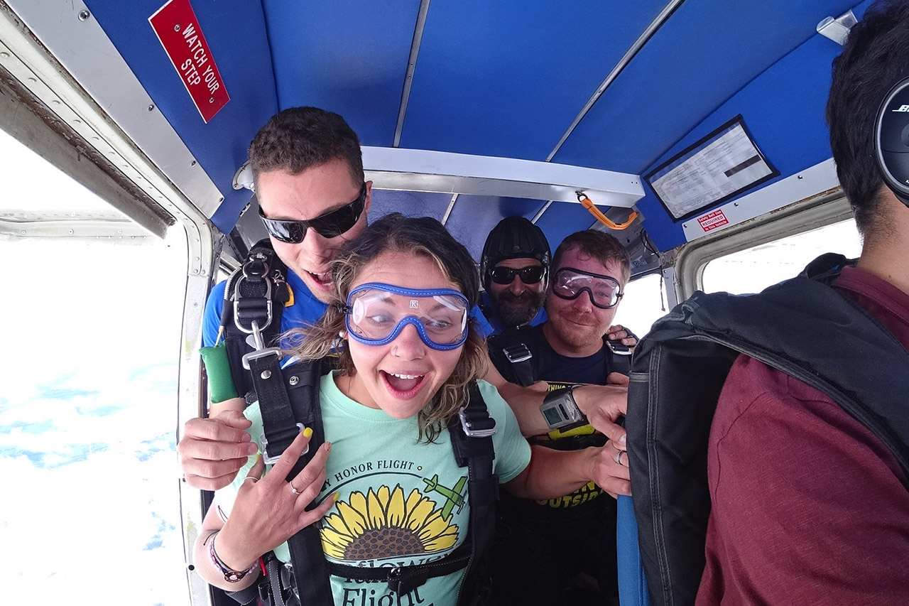 Tandem skydiver about to jump and have photos and videos taken at Wisconsin Skydiving Center