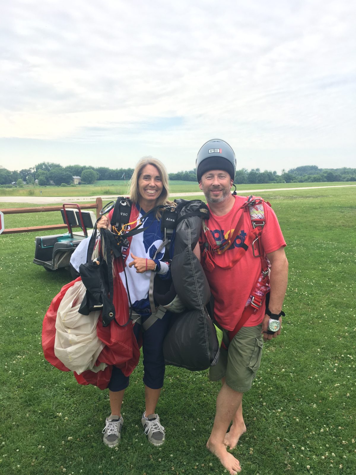 Skydiving instructors with skydiving equipment at Wisconsin Skydiving Center