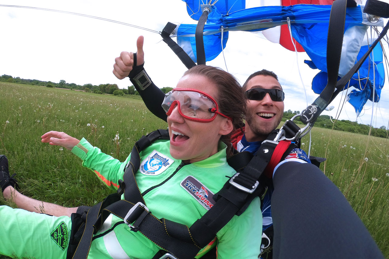 Skydiving student conquering fear through the Rise Above Program at Wisconsin Skydiving Center